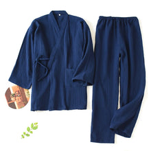 Load image into Gallery viewer, Men and Women 100% Cotton Pajamas Plus Size Loose Bathrobes V-Neck Kimono Pijama Mujer Three Quarter Sleepwear Couple Loungewear
