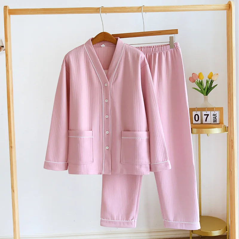 plus size winter Sweet pink pajamas sets women Quilted scuba keep warm Japanese simple long sleeve sleepwear pyjamas