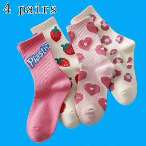 4/8 Pairs Women's Fashionable All-match Japanese Cute Middle-tube Socks Spring and Autumn Pink Letter Love Strawberry Socks