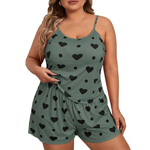 Plus-Size Women Pajamas Sleepwear Pajama Set Nightgowns Camisole Shorts Nightclothes Green XL 2XL 3XL Love Print Smooth Soft