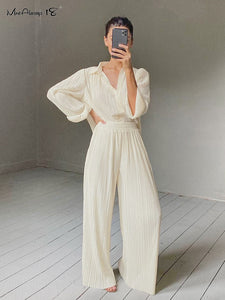 Mnealways18 Beige Pleated Wide Leg Pants Womens Pants Fashion 2022 Casual Loose Trousers Office Lady Elegant Long Palazzo Pants